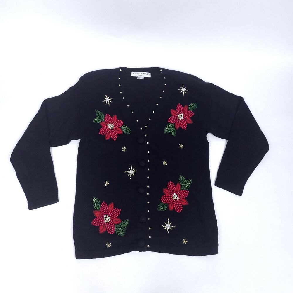 VTG Victoria Jones Womens Cardigan Sweater M Petite Black Red Poinsettia Beaded